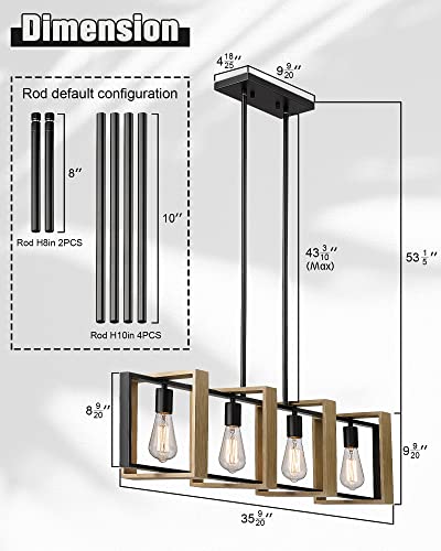 Ken & Ricky 36 Inch Farmhouse Chandelier, Rustic Dining Room Light Fixture, 4-Light Kitchen Island Lighting Pool Table Pendant Light, Solid Wood And Metal Frame #TOP3