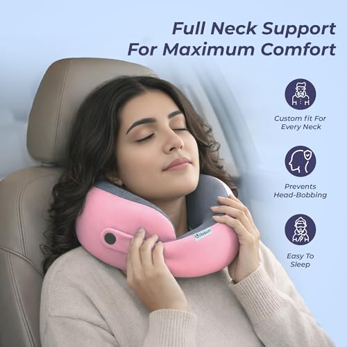 Image of Billebon Memory Foam Neck Pillow, Snake Shape Travel Pillow with Snap Button, Neck Pillow for Travelling & Flight Travel, Ergonomic Support for Comfort & Pain Relief(Pink Single)