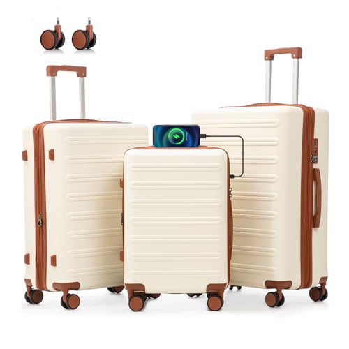 luggage sets 3 Piece with Spinner Wheel,100% PC Material Lightweight Durable,Expandable Carry On Travel Hardside Suitcase sets with TSA Lock for Men and Women (White+brown)