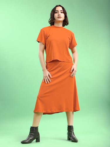 Image of PURVAJA Women's Short Sleeve Top with Skirt Solid Co-ords Set