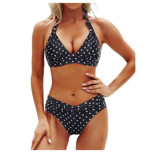 Yonique Maillot de bain deux pièces pour femme - Bikini push-up - Dos nu - Style vintage, Pois noirs, Taille L