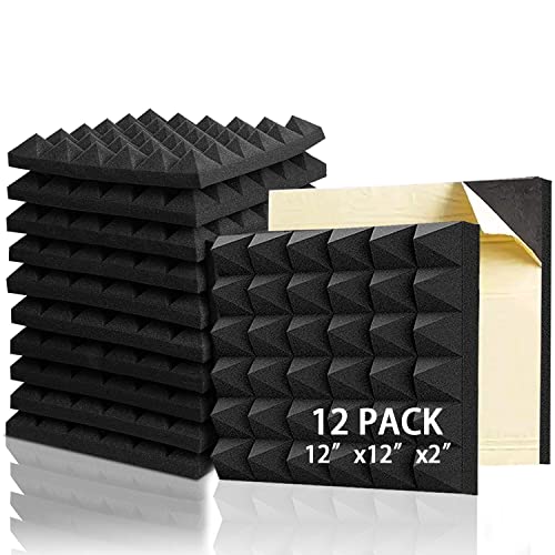 Sound Proof Foam Panels,12Pack 2"x12"x12" Acoustic Foam Panels with High Density,Self-adhesive sound proofing padding for wall,Studio Foam Pyramid Tiles Sound Absorbing Foam Treatment Wall Panels