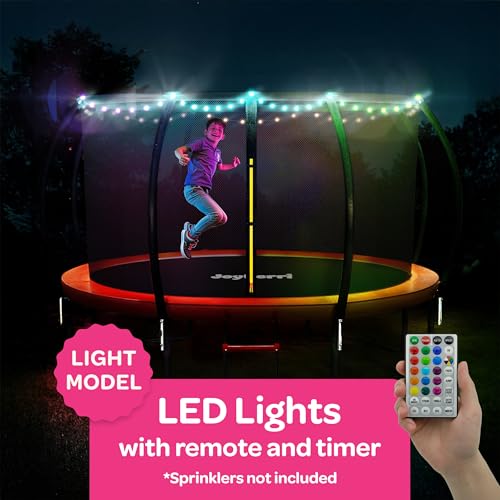 Image of JoyBerri Upsurge Trampoline Outdoor - ASTM Certified Safe 8Ft 10Ft 12Ft 14Ft 15Ft 16Ft Recreational Trampoline for Kids and Adults. Anti-Rust Coating with Enclosure Net, Ladder, Sprinkler & LED Lights