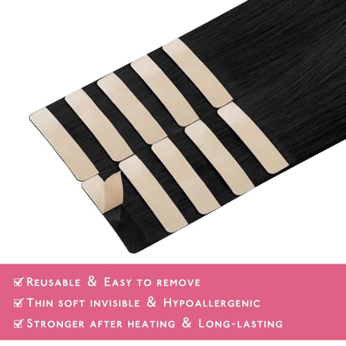 Image of Wennalife Tape in Hair Extensions Human Hair Jet Black Tape in Extensions, 10pcs 20g 10 inch Remy Invisible Tape Ins Straight Colored Soft Real Human Hair Tape in Extensions Refill Set Extensions