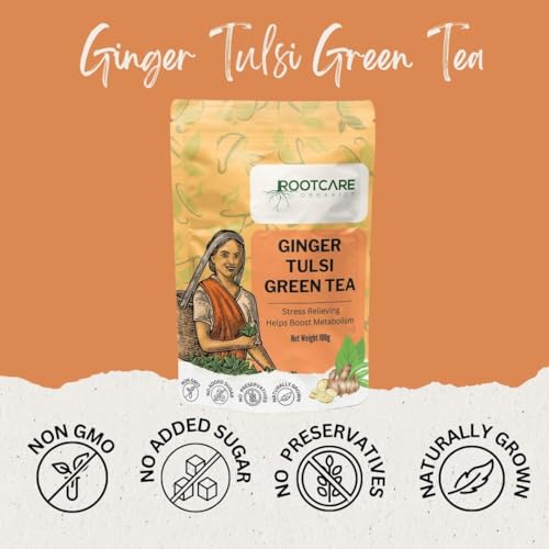 Image of Rootcare Organics green tea for weight loss Tulsi Ginger Herbal Tea 100g Pack Of 1 Month Rich in Antioxidants Supports Digestion Stress Relieving Helps Boost Metabolism Caffeine-Free Loose Leaves