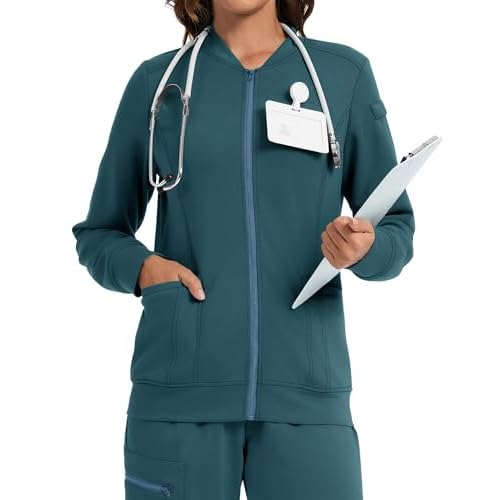 LOMON Scrub Jackets for Women Zipper Bomber Jacket Medical Nurse Coats with Pockets Dark Cyan Small