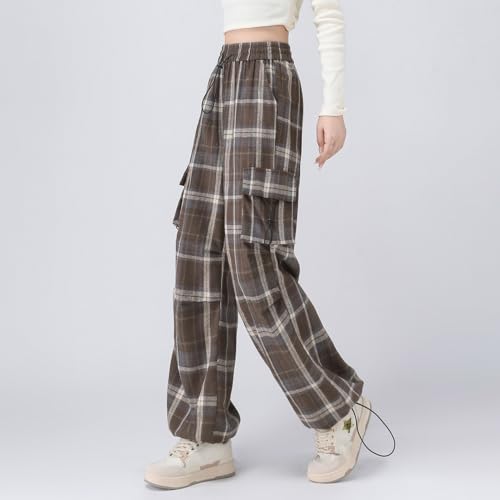 Women's Plaid High-Waisted Cargo Pants Loose Flowy Straight-Leg Fit Trousers2