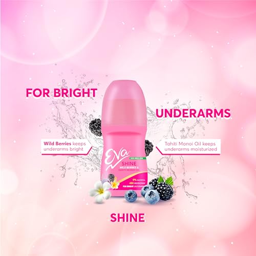 Image of Eva Shine & Soft Roll On Deo | No Alcohol No Aluminium| Chemical Free| For Bright, Soft & Smooth Underarms (Aloe Vera, Wild Berries & Tahiti Monoi Oil) | For Women (50ml. pack of 2)