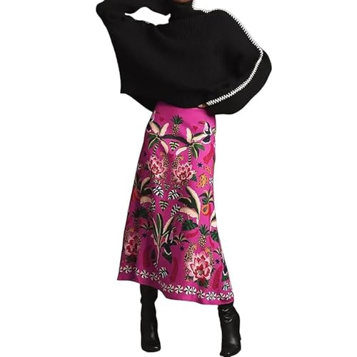 Women's Tropical Plant Print Satin Midi Skirt Festive Floral Zipper A-Line Spring Summer Boho Travel Skirts (Rose Red, L1)