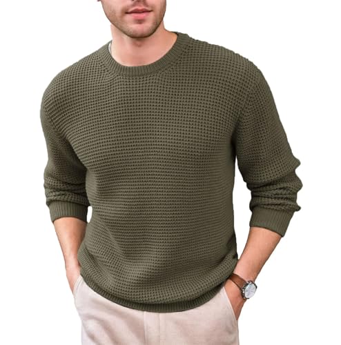 Crewneck Waffle Texture Mens Long Sleeve Knit Sweater Casual Fashion Comfortable Top Warm2