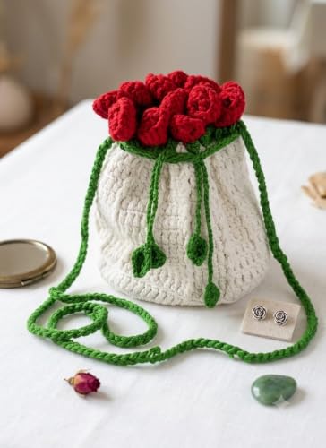 Image of Handmade Crochet Flower Crossbody Sling Bag for Women | Boho Knitted Bucket Shoulder Purse Rose Design