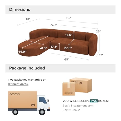 Acanva Luxury Modern Tight Curved Back Velvet Sofa, Minimalist Style Comfy Couch for Living Room Apartment, L-Shape Left Chaise, Tangerine - Image 3