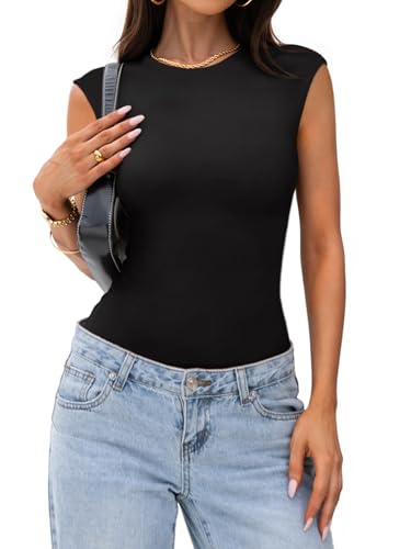 PINKMSTYLE Womens Crew Neck Sleeveless Bodysuit Double Lined Stretchy Fitted Basic Thong Body suit Tank Tops4