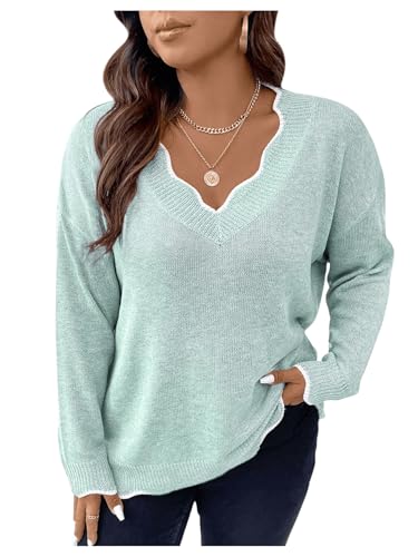 Image of MakeMeChic Women's Plus Size Long Sleeve Sweaters Scalloped V Neck Knit Cozy Sweater Pullover Blue 2XL