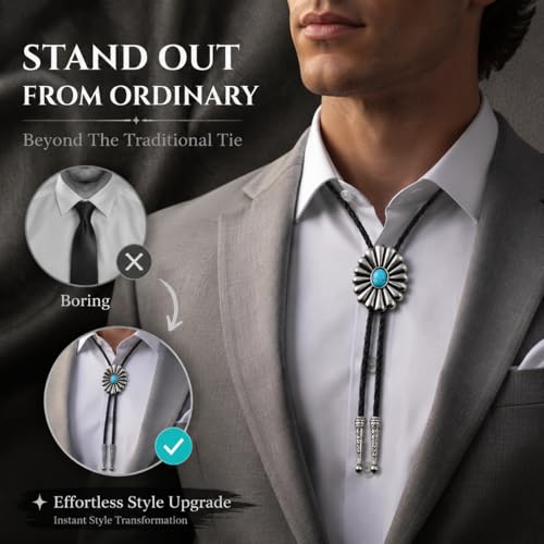 Image of Turquoise Bolo Tie for Men, Leather Braided Necktie Western Cowboy Bola Tie Costume Accessories for Men Women
