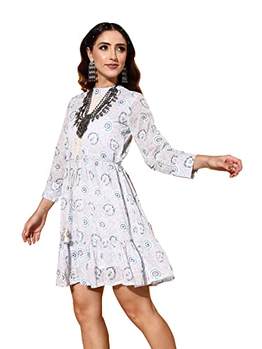 Image of ishin Women's Mini Cotton Blend Embellished A-Line Tiered Dress