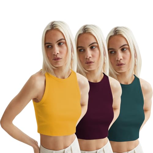 Image of KERI PERRY Tops for Women Crop Top for Women's Tank Activewear Tee Sports Western Casual Cotton Camisole Pack of 3 Combo