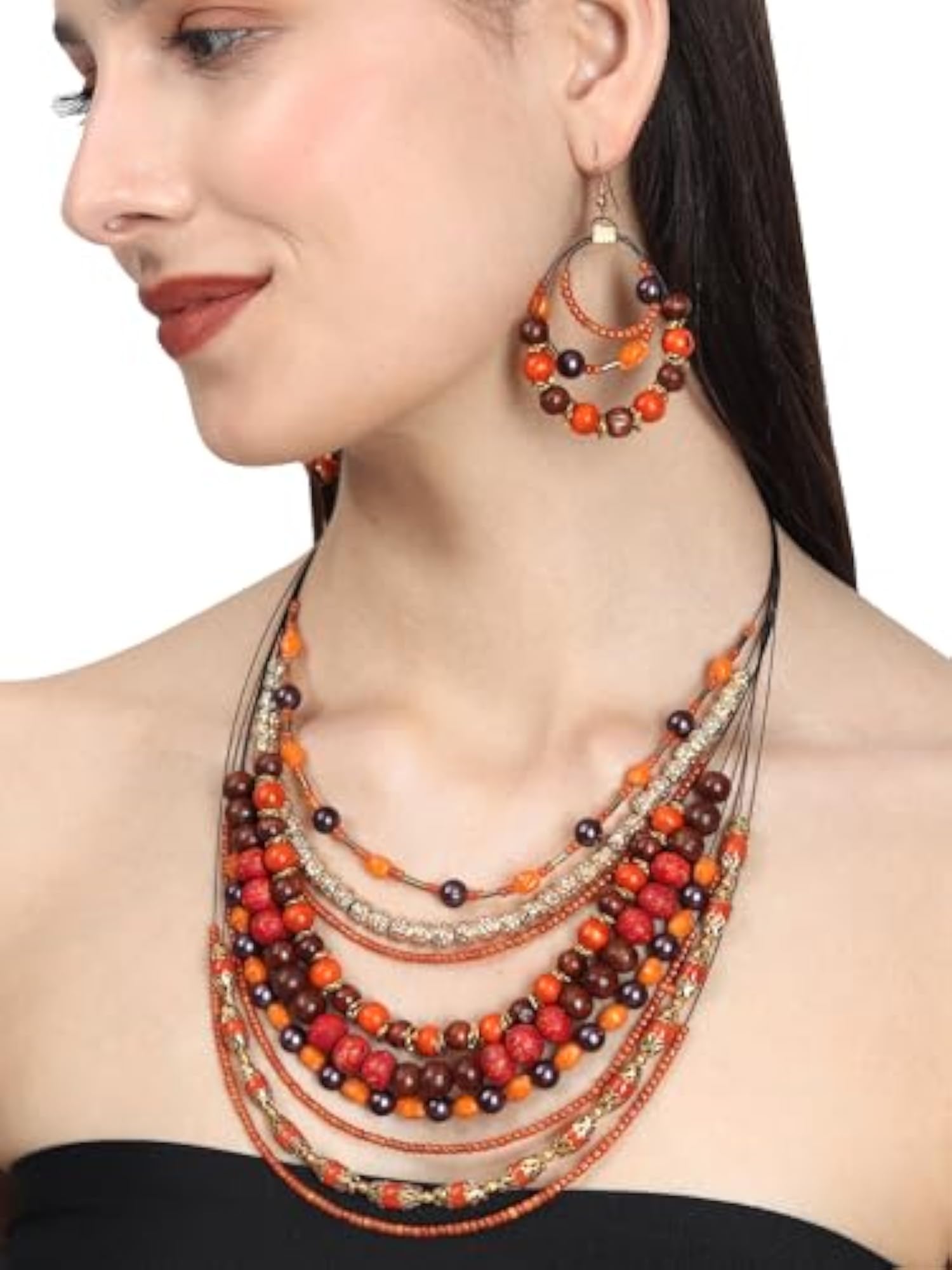 Women's Multicolor Wood Glass Necklace Set, Orange-Gold