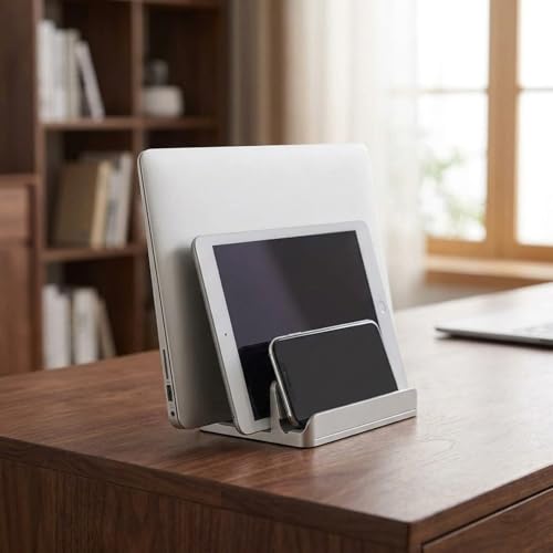 ノートパソコンスタンド タブレットスタンド アルミ製 3台収納可能 幅調整自在 卓上収納 整理整頓 設置簡単 持ち運び容易 オフィス・自宅用 グレー (A,ブラック) [4]