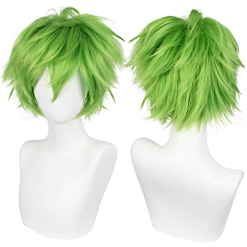ANOGOL Hair Cap + Short Golden Green Mens Cosplay Wig Short Light-green Synthetic Wig for Halloween Christmas Event Costume Party Anime Outfit Green Cosplay St. Patricks Day Wigs