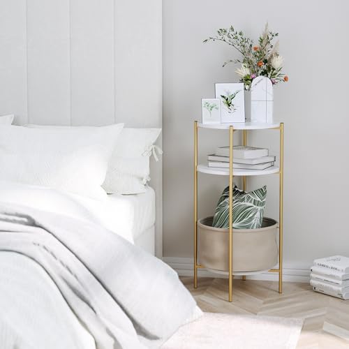 FINETONES Modern 3-Tier Round End Table with Detachable Linen Basket and Storage Shelf, White/Gold, Set of 2