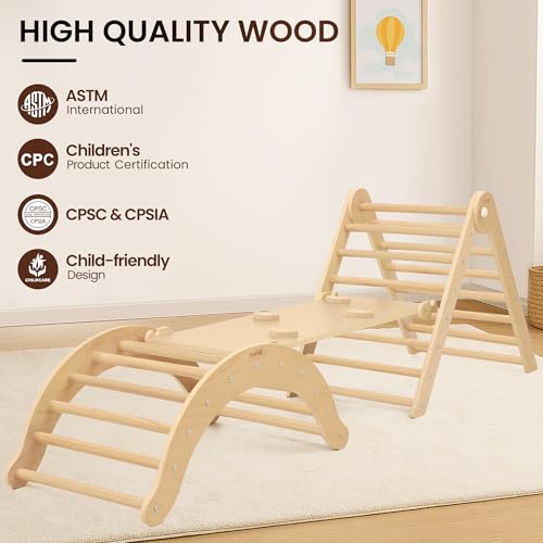 Image of Belleur 7-in-1 Climbing Toys for Toddlers 1-3 Years Old, Foldable Wooden Pikler Triangle Set Indoor, Montessori Climbing Set with Arch, Ramp & Ladder - Natural