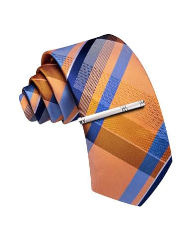 Image of Barry.Wang Plaid Ties Mens Silk Necktie and Tie Clip Checkered Tie for Wedding Party Business Formal
