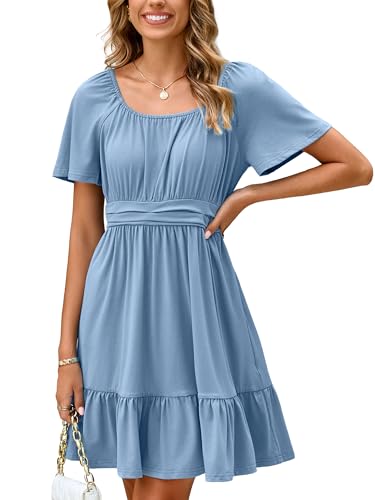 Image of Simplee Womens Summer Dresses 2026 Mini Square Neck Casual Short Sleeve Shirred Flowy A-Line Dress with Pockets