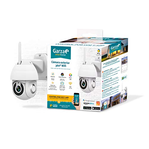 Garza ® Smarthome Câmara de vigilância exterior inteligente, Wi-Fi 360°, 1080P HD, IP65 impermeável à chuva, visão noturna, deteção de movimento, áudio bidirecional, controlo remoto