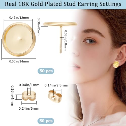 Beebeecraft 1 Box 50Pcs Earring Bezels Trays 18K Gold Plated Blanks Round Cabochon Prong Post Settings Stud Earring Findings with 12mm Tray and 50Pcs Ear Backs for Jewelry Making - Image 2