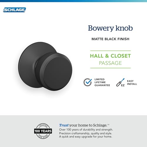 Image of Schlage F10 BWE 622 Bowery Door Knob, Hall & Closet Passage Lock, Matte Black