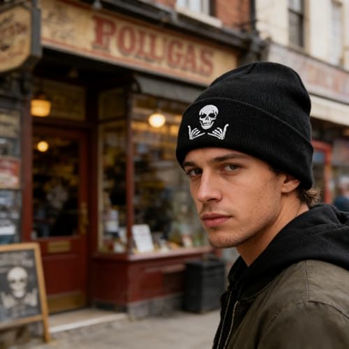 Image of Embroidered Skeleton Beanie Hat Winter Stretch Knit Skull Cap for Men Women