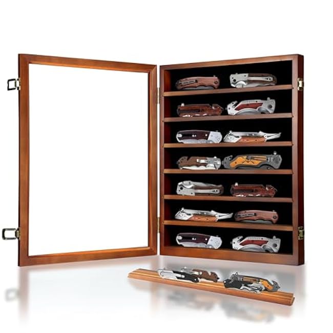 Knife Display Case for Collections, Pocket Knife Display Case with HD Tempered Glass, Lockable Storage Cases with Removable Shelves, Wall-Mounted 7-Layer Wood Cabinet, Walnut