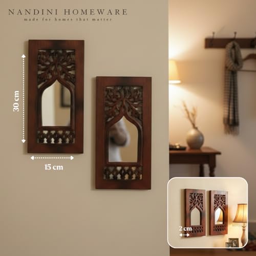 Image of Handcrafted Traditional MDF Wooden Floral Mirror Jharokha Wall Art | Boho Vintage Style Decorative Wall Hanging Set of 2 | for Living Room & Home Interiors (Brown Floral Set of 2)