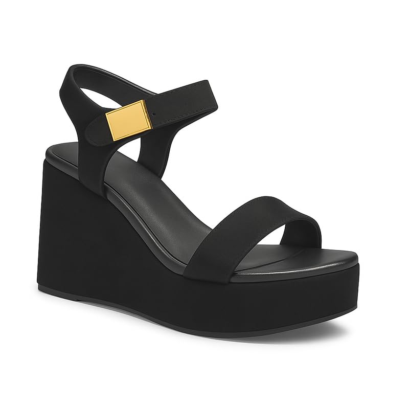 GG360 Women’s Black Platform Wedge Sandal with Gold Buckle – Stylish High Heel Comfort Sandal for Party, Casual, and Formal Use GGW-5007_39