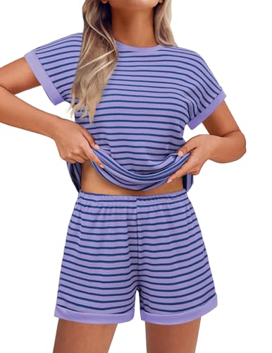 Image of Ekouaer Two Piece Sets for Women Summer Striped Lounge Set Vacation Outfit | Casual Cute Waffle Knit Tops Shorts Sets with Pocket for Travel, Jogging, Cruise, Beach, Airport