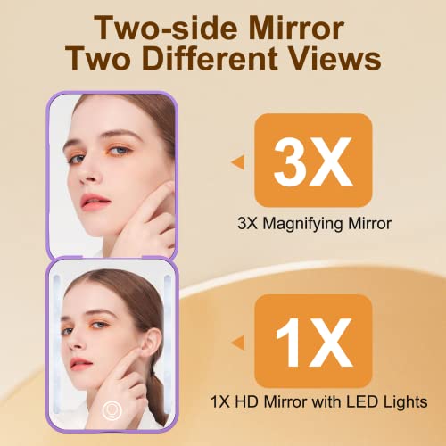 Benbilry Mini Compact Travel Makeup Mirror With Light, Rechargeable Pocket Mirror With 3 Led Dimmable Colors & 1X/3X Magnification, Magnetic Closing Memory Small Purse Mirrors, Gift For Women, Purple #TOP3