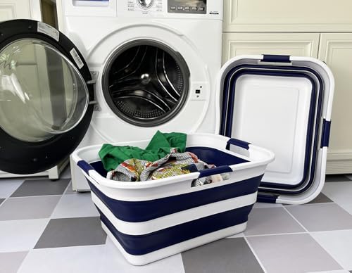 Image of SAMMART 42 (11 Gallons) Collapsible Plastic Laundry Basket, Foldable Pop Up Storage Container /Organizer, Space Saving Hamper, Portable Bin for Dorm Room Bathroom (2, White /Starry Blue)