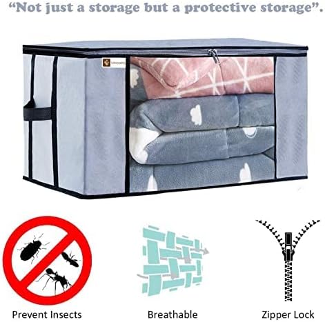 Underbed Wardrobe Rectangular Storage Organizer Bag with Large Transparent Window and Side Handles (Grey, Length : 45 cm, Width : 65 cm and Height : 31 cm)- Pack of 4 Pc