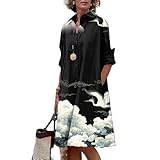 Japanese Art Dress for Women Summer High Waist Button Down Elegant V Neck Oversized 3/4 Sleeve Japanese Crane Print Casual Cotton Linen Loose Fit A-line Business Midi Shirt Dress,Black Cloud,2XL