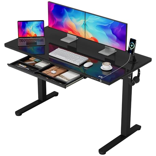 Furmax Glass Standing Desk with Drawers, Electric Adjustable Home Office Sit Stand Desk with One-Piece Desktop & USB Charging Port for Computer Desks (Black Glass, 48 Inch)