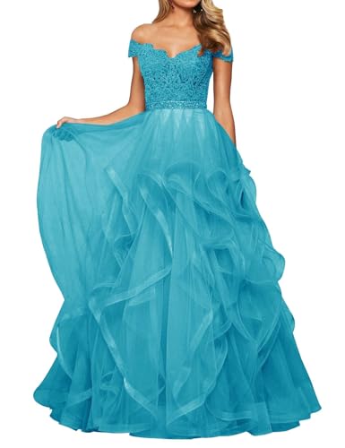 SPSMOKH Vestido largo de noche de tul para mujer, de encaje, con hombros descubiertos, acampanado, vestido de graduación de princesa, cuello en V (platillo oscuro, talla 28)