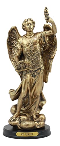 Estatua del Arcángel Uriel de Resina 8.5 in con Base de Madera