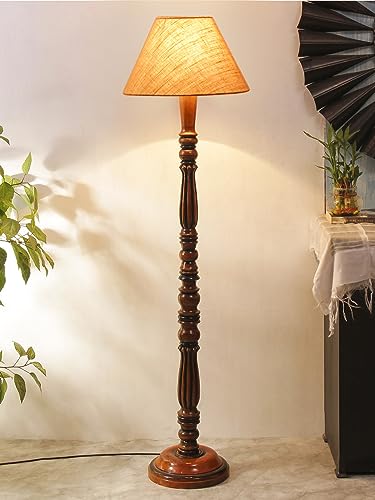 Image of Beige Jute Shade Wooden Floor Lamp with Wooden Base, Height - 53 Inches | Contemporary Standing Lamp for Living Room, Bedroom & Office | Elegant Lighting for Stylish Home Interiors