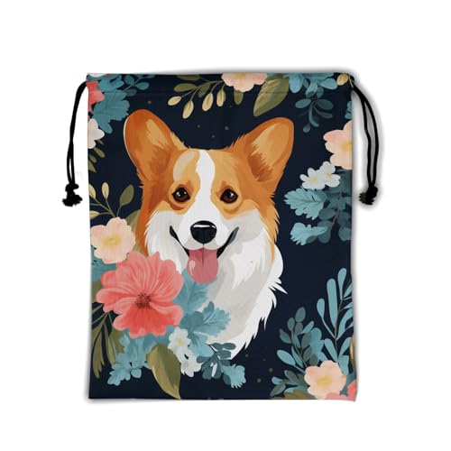 Image of Nerxy Floral Corgi Gymnastics Grip Bag - Corgi Dog Drawstring Grip Bags Puppy Shoe Bag Flowers Gym Drawstring Storage Pouch for Sports Party Favors