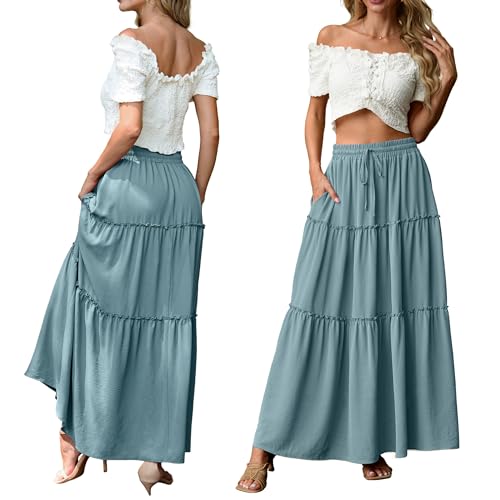 Image of Lepunuo Womens Casual Boho High Waisted Flowy Maxi Skirts Tiered Floral Long Skirts with Pockets for Summer Beach Vacation