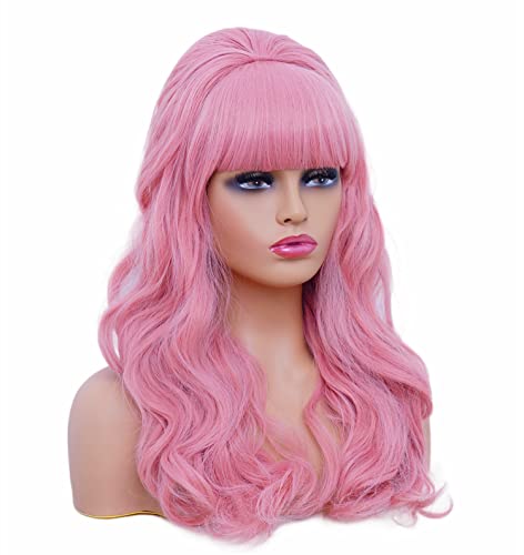 Rugelyss Long Wavy Pink Wig With Bang Big Bouffant Beehive Wigs For Women Fits 80S Costume Or Halloween Party #TOP2