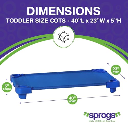 Image of Sprogs Heavy-Duty Stackable 40 inchL Daycare Cots for Toddlers Ages 1 to 2, Stacking Preschool Classroom Toddler Cots for Sleeping, Resting, Naptime, Pack of 6, Blue
