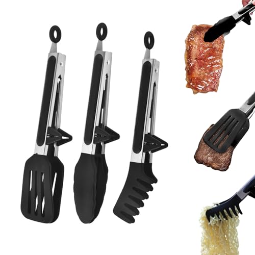 Pinze da Cucina 3 Pezzi Pinza Cucina Siliconee, Senza BPA Pinze Barbecue Antiscivolo in Acciaio Inox Pinze per Spaghetti, Pinze per Alimenti in Silicone per Friggitrice ad Aria