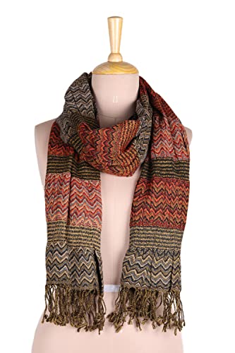 NOVICA Artisan Handmade Wool Scarf Wave Pattern from India Accessories Scarves Multicolor Wrap Patterned ' Autumn Waves'2